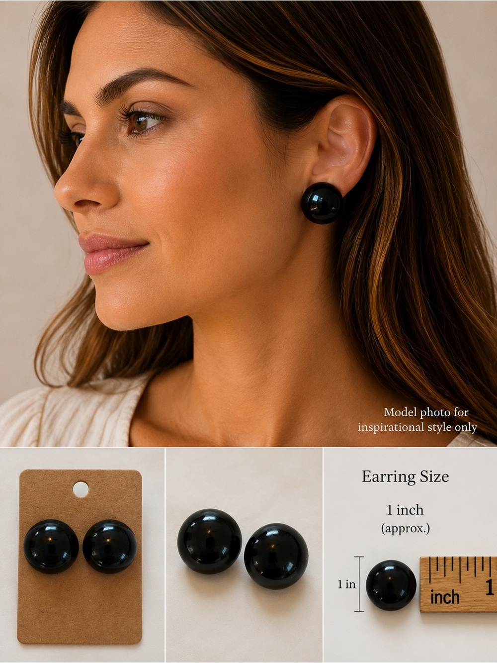 Vintage‎ Oversized Black Dome Stud Earrings  Bold Minimalist Statement